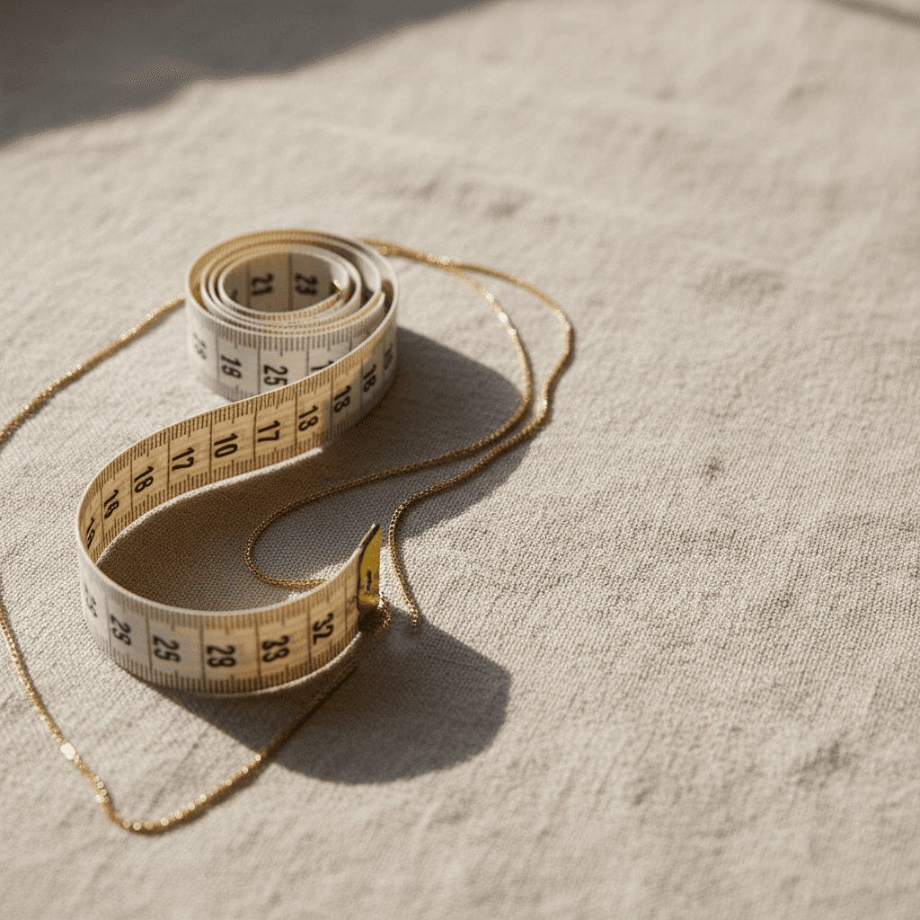 A soft cream measuring tape resting alongside a delicate gold chain on natural linen fabric