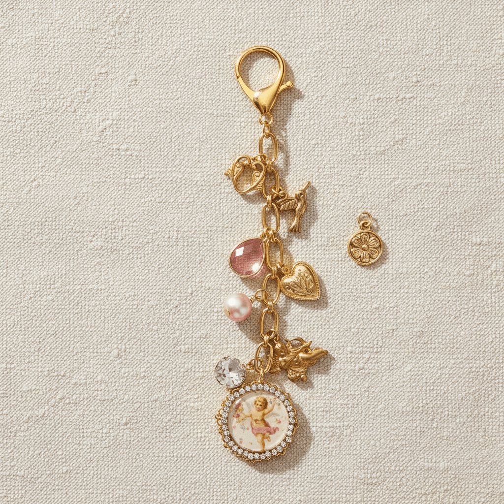 The Cupid's Renaissance Keychain laid flat on cream linen with a gold lobster clasp and cascading charms