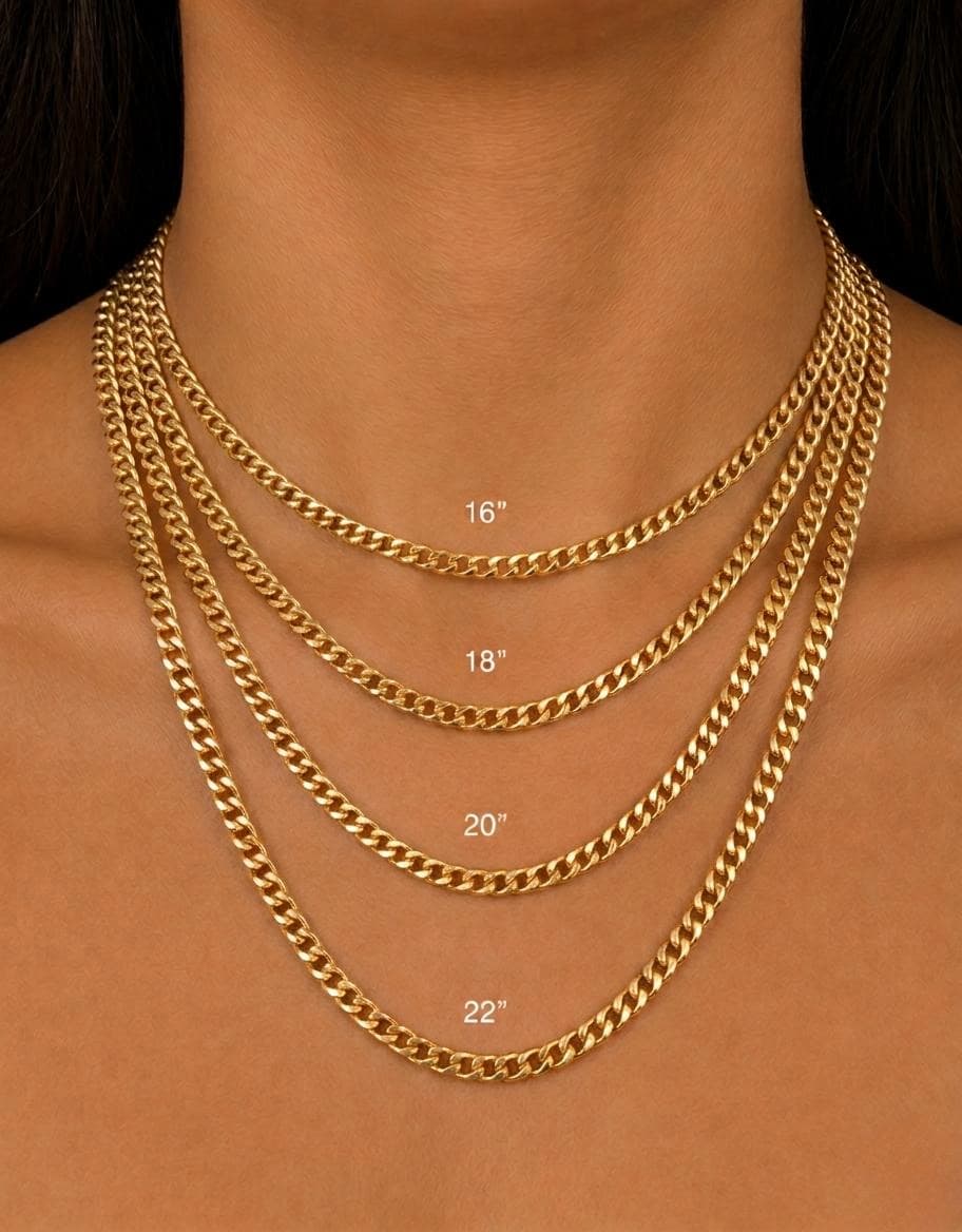 Necklace length silhouette diagram showing 16, 18, 20, and 22 inch lengths on a model