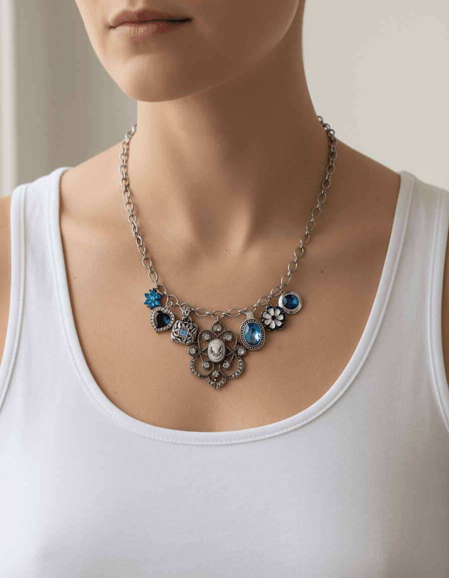 A woman wearing an 18-inch princess-length charm necklace at the collarbone