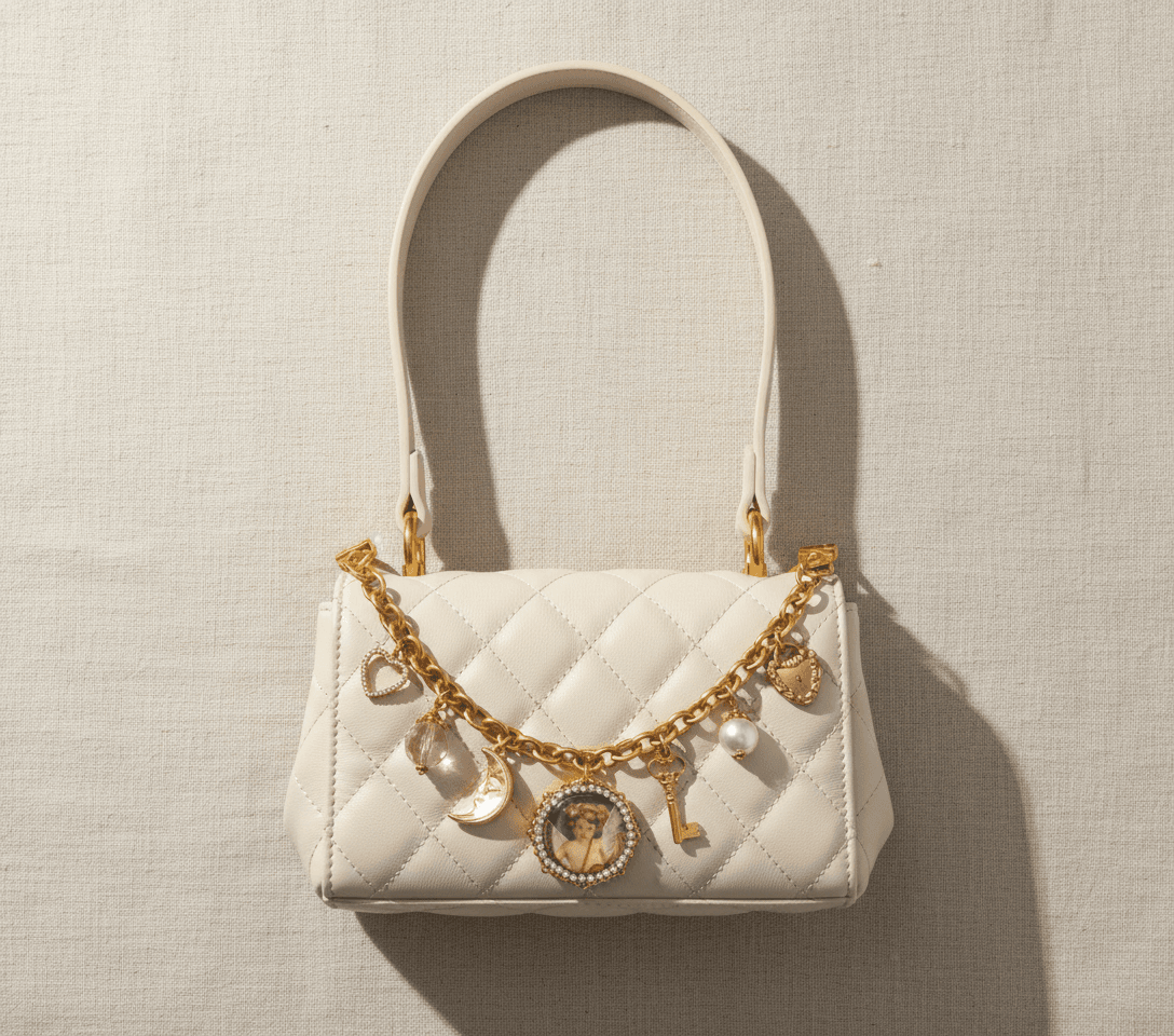 The Angelic Portrait Purse Chain clipped across the front of a cream handbag on linen, alongside a tape measure for sizing reference