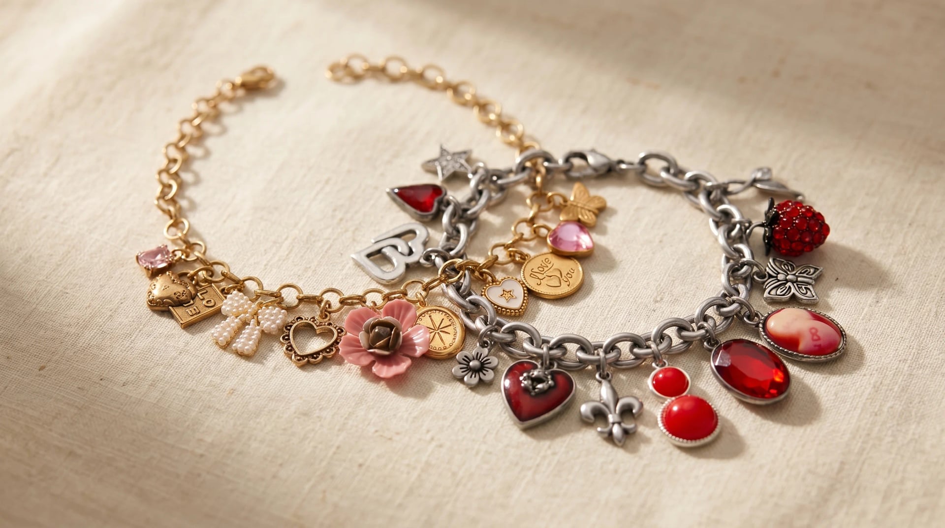 Two intricate charm bracelets, one gold and one silver, with colorful charms laid on a cream linen surface, by Enleira
