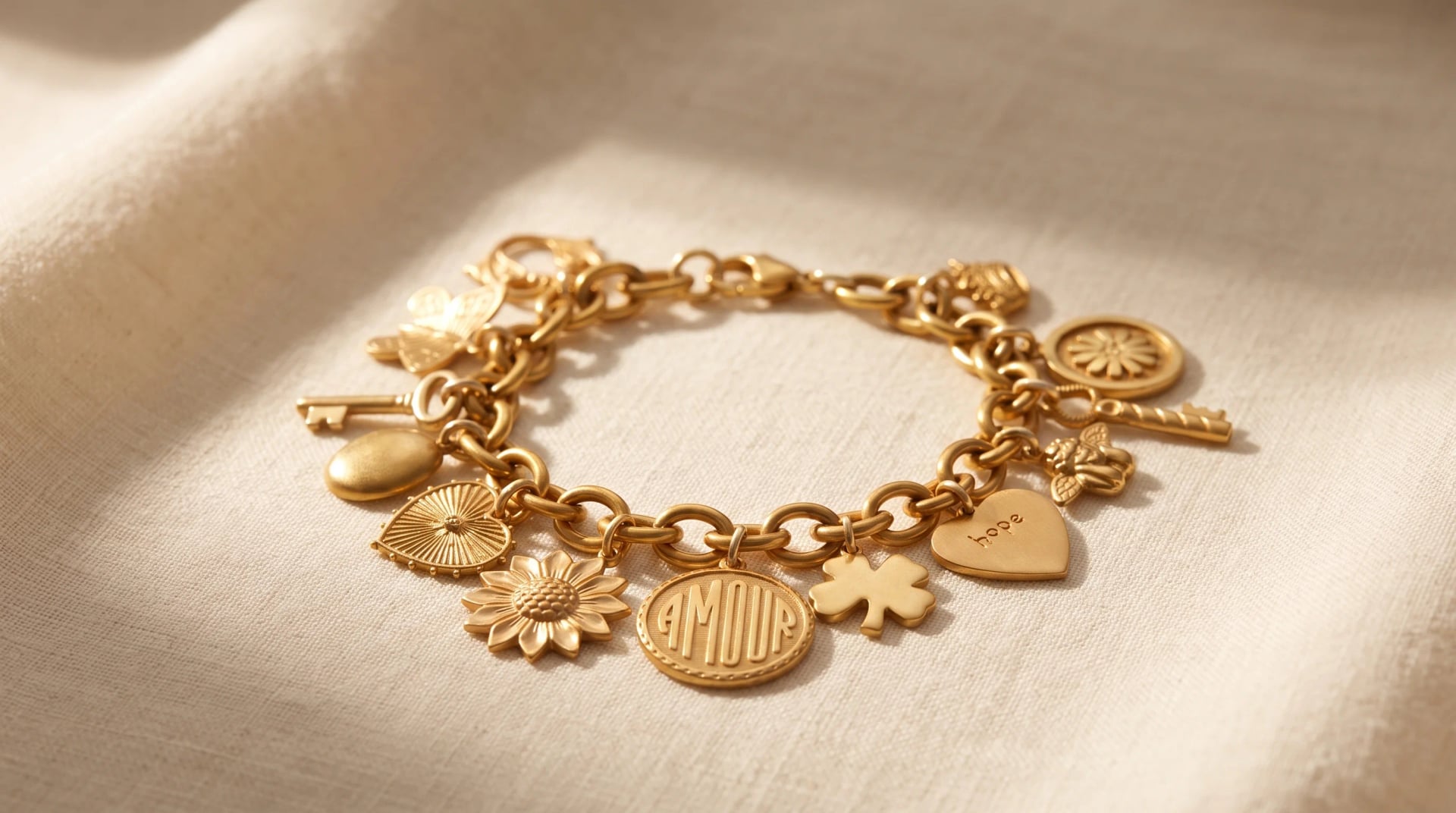 A handcrafted gold charm bracelet with flower and heart charms resting on a warm, cream-colored linen surface, by Enleira