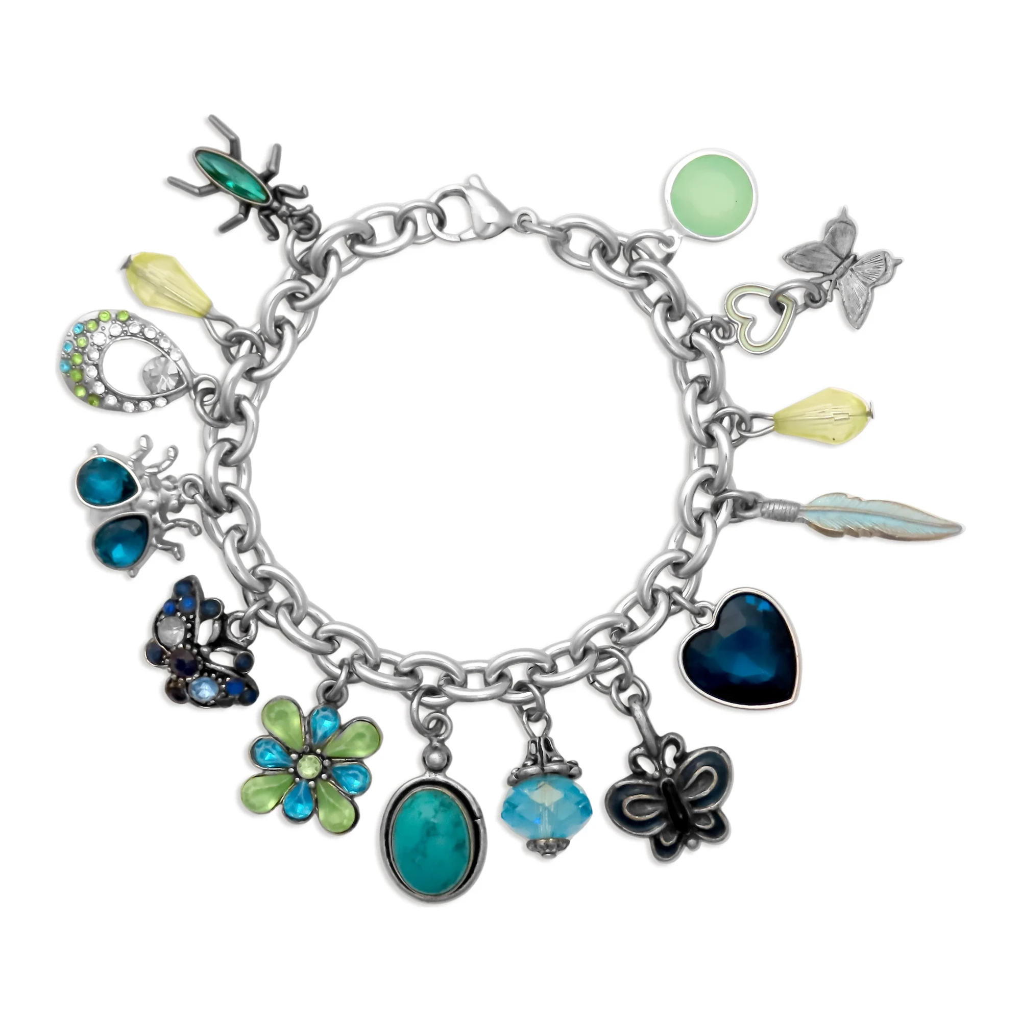 Stainless steel charm bracelet with butterfly, blue heart, and turquoise charms on a wrist over water, by Enleira