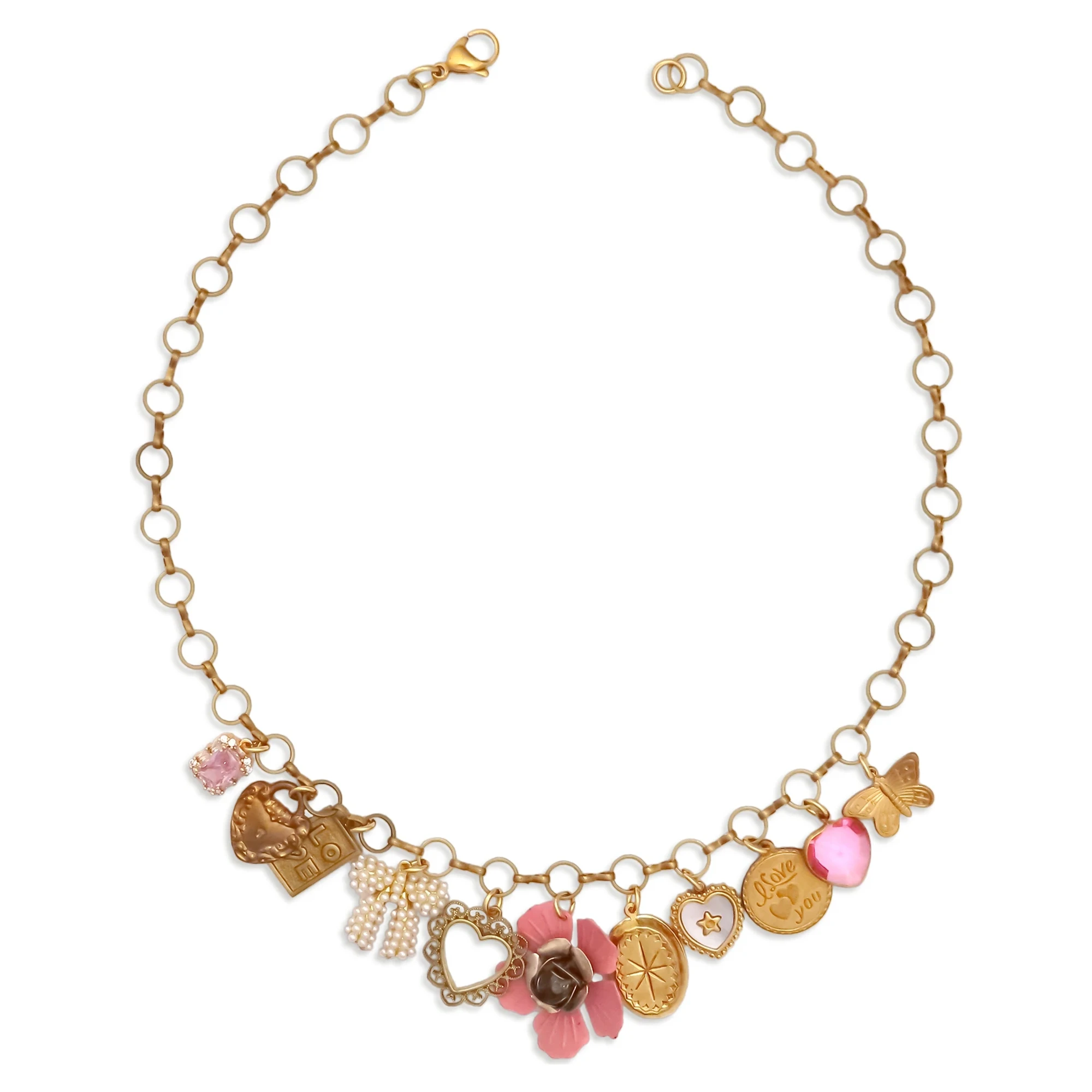 A woman wearing a custom 18k gold plated charm necklace with butterfly and heart charms outdoors, by Enleira