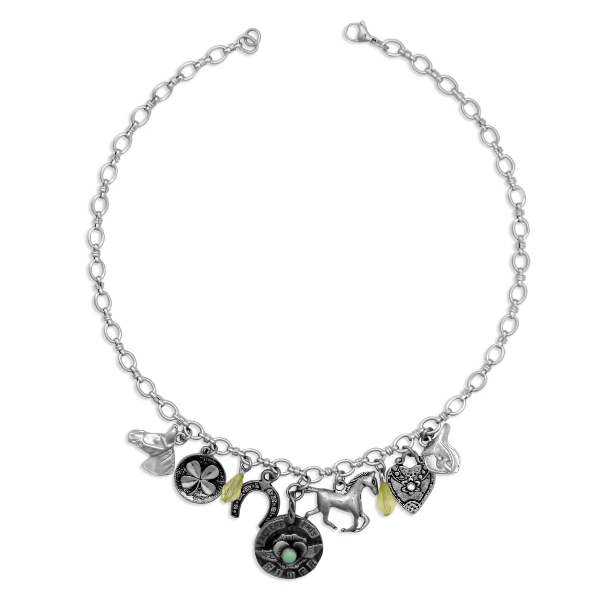 Stainless steel rodeo-themed charm necklace with horse and horseshoe charms, by Enleira