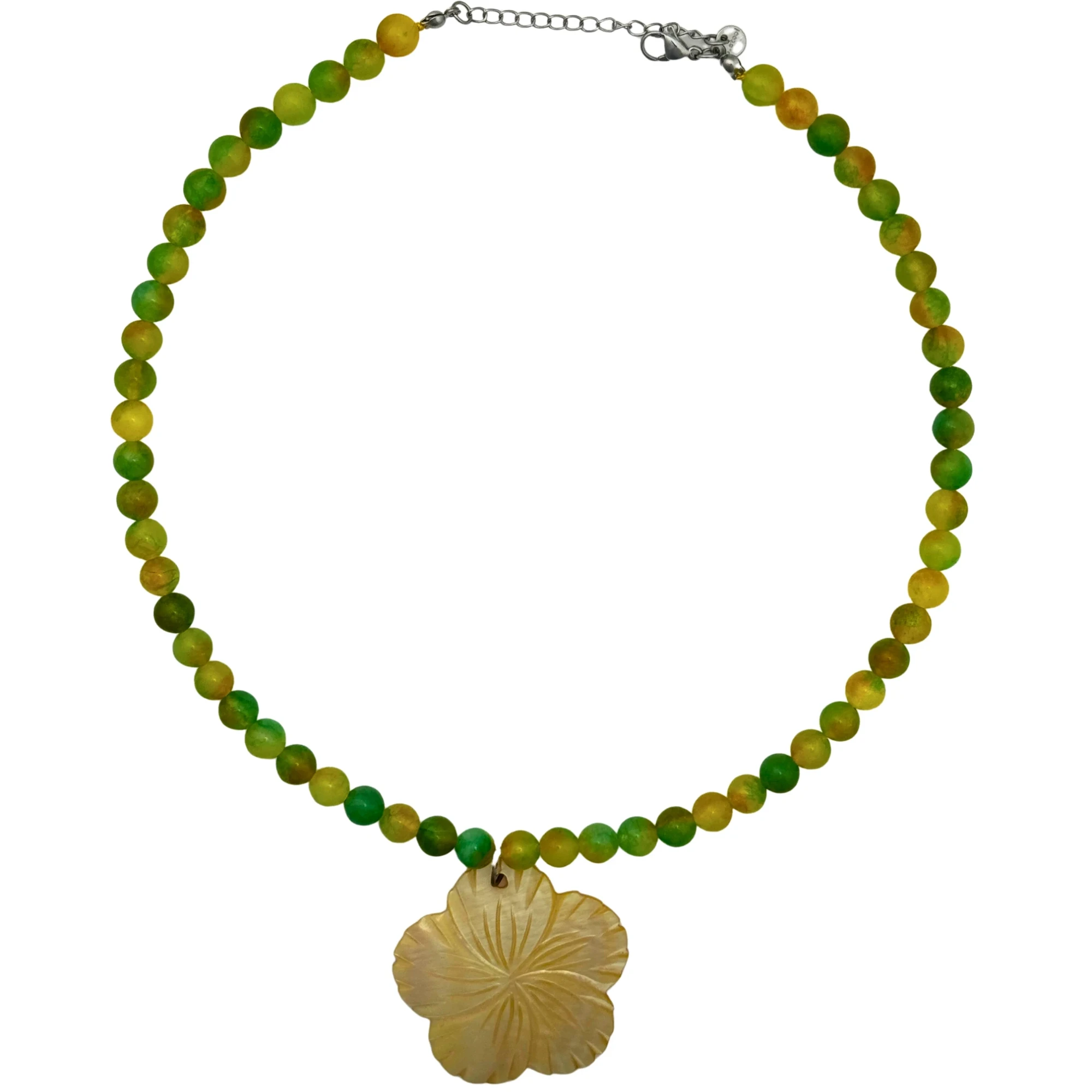 Beaded necklace with a carved flower charm, green and yellow beads, and a stainless steel clasp, by Enleira