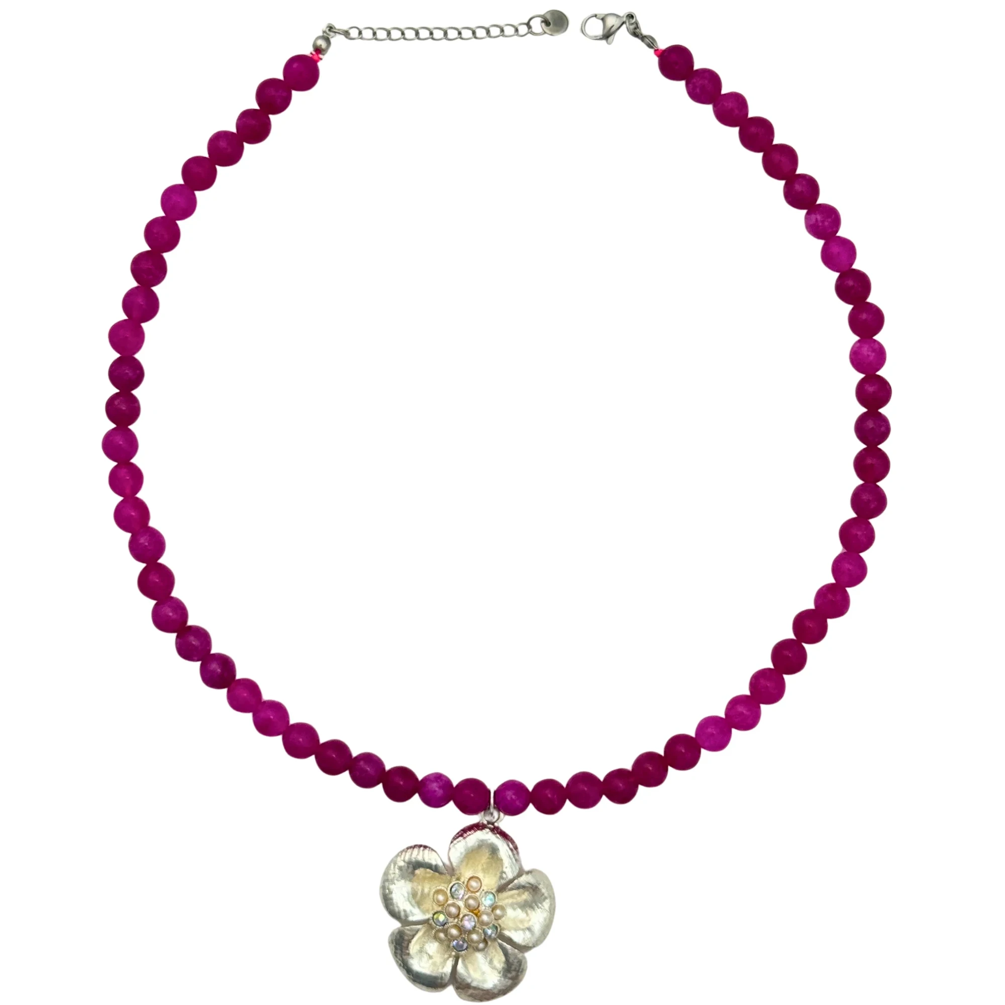 Magenta beaded necklace with a stainless steel flower charm with pearl and crystal accents, by Enleira
