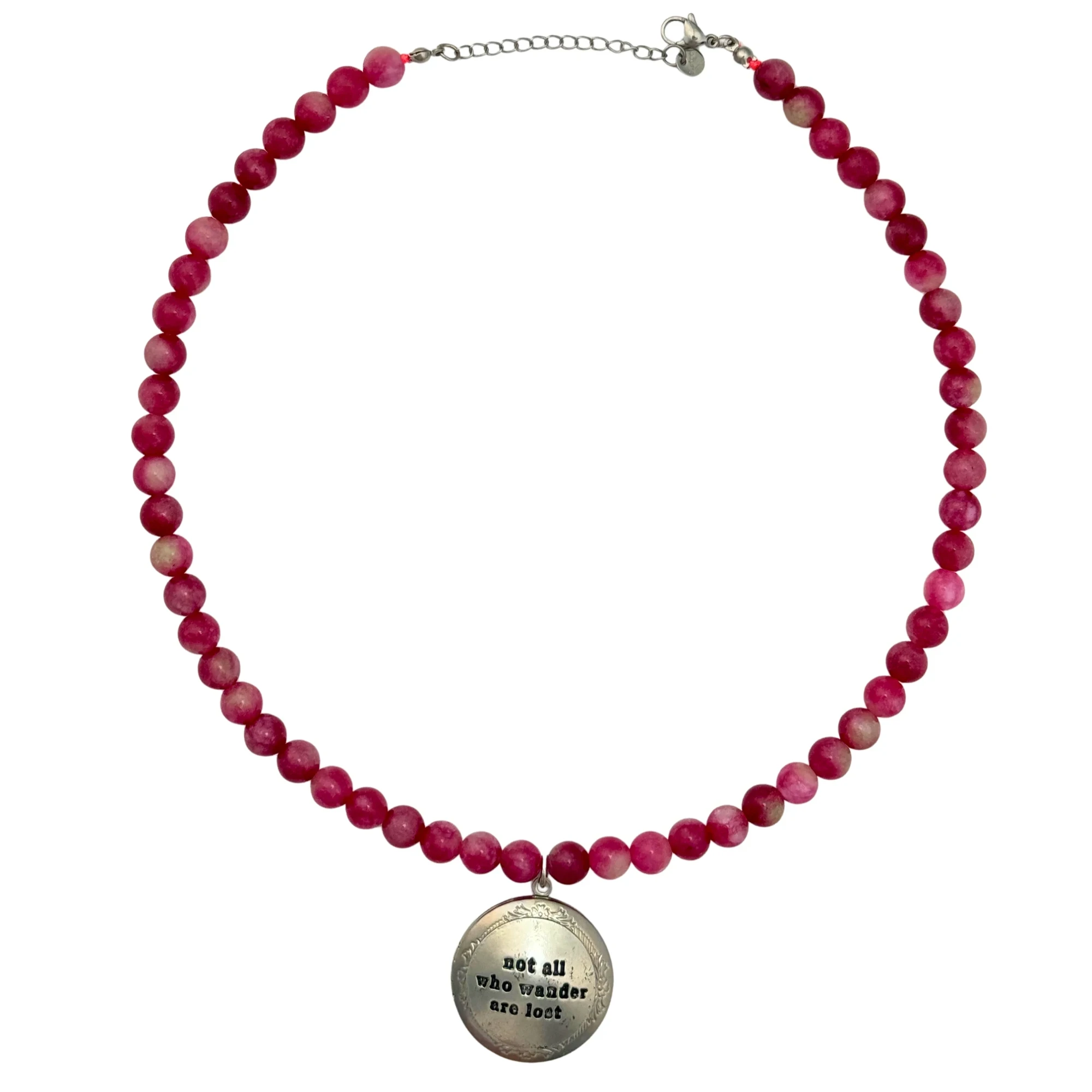 Stainless steel locket on a pink beaded necklace, engraved with 'not all who wander are lost', by Enleira