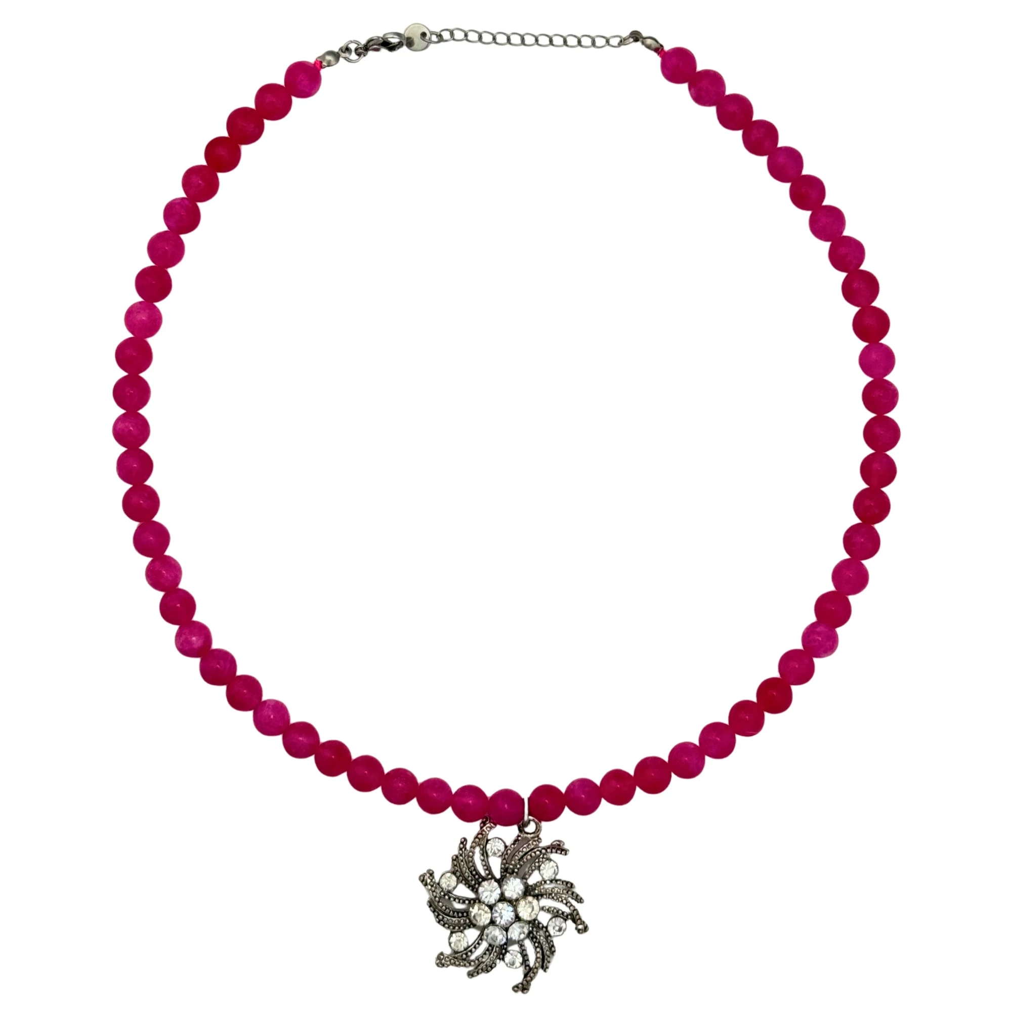 Vintage-style floral charm necklace with hot pink beads and crystal accents on a stainless steel clasp, by Enleira