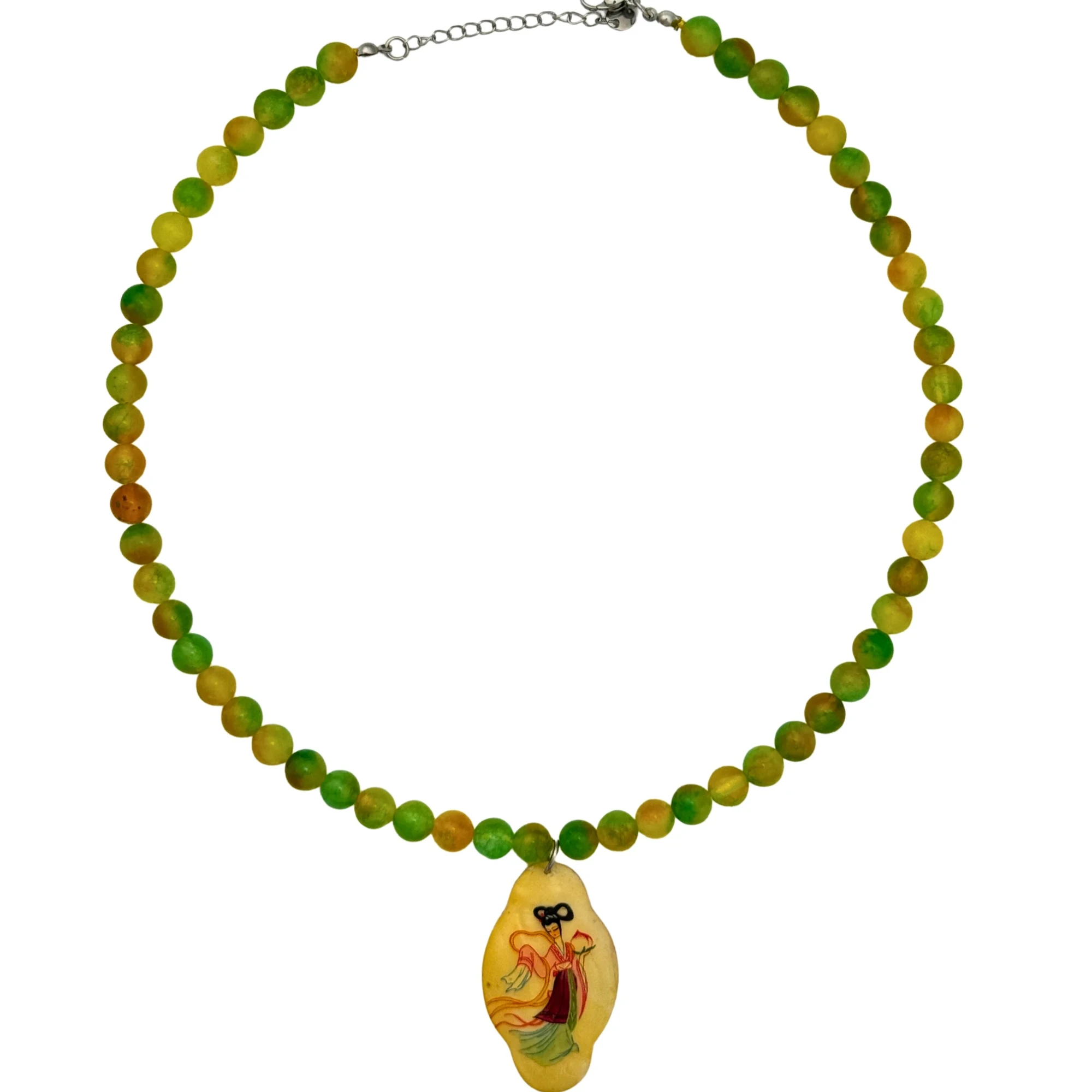 Green beaded necklace with a stainless steel clasp and a hand-painted pendant of a woman, by Enleira