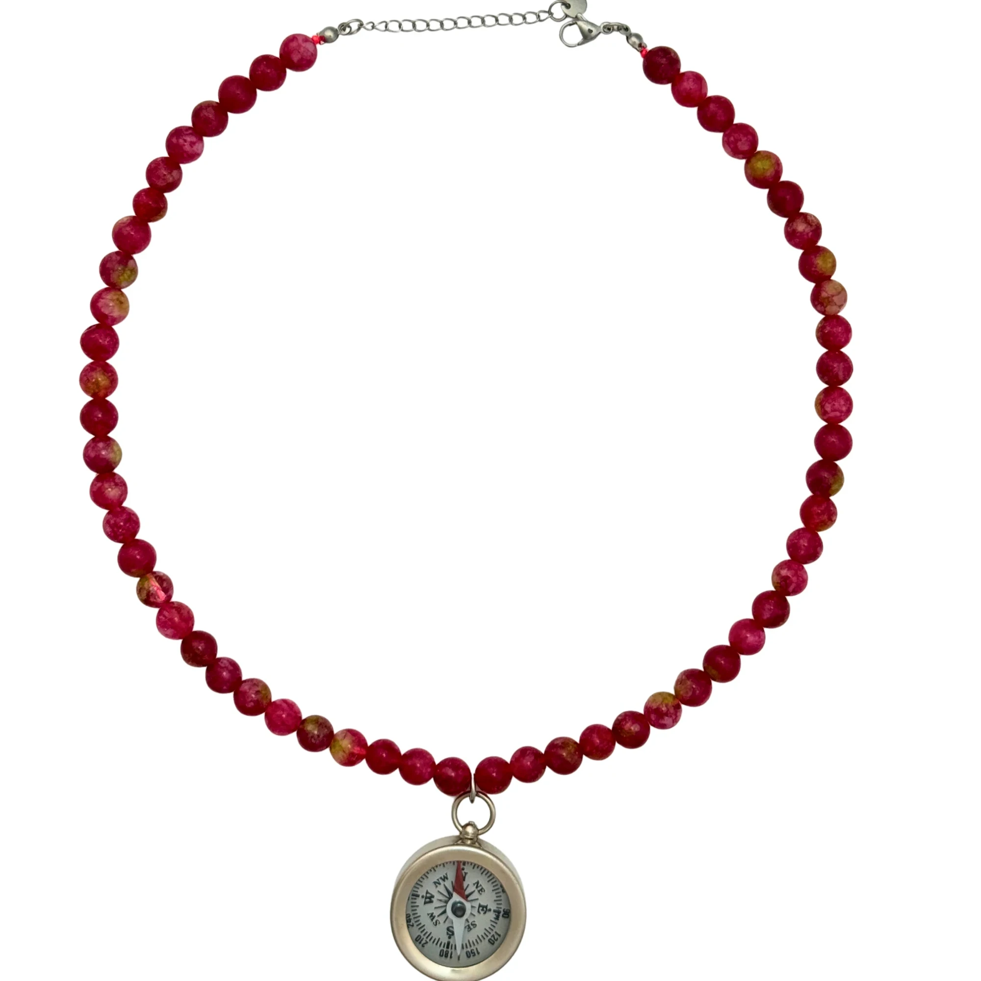Stainless steel compass charm on a necklace with mottled pink beads, by Enleira