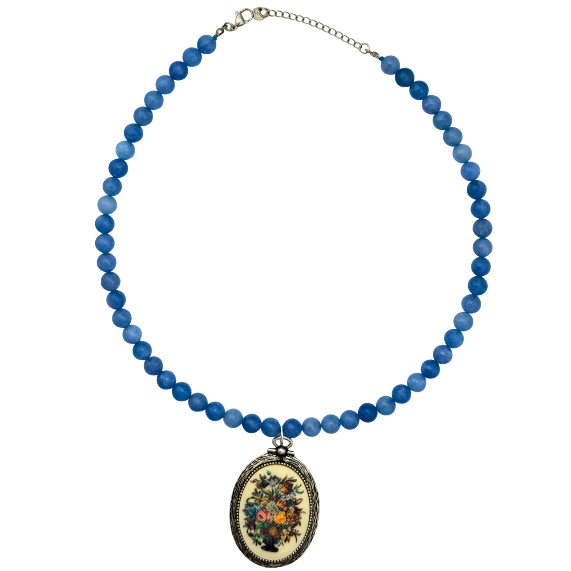 Vintage floral painting oval charm on a blue beaded necklace, in stainless steel, by Enleira