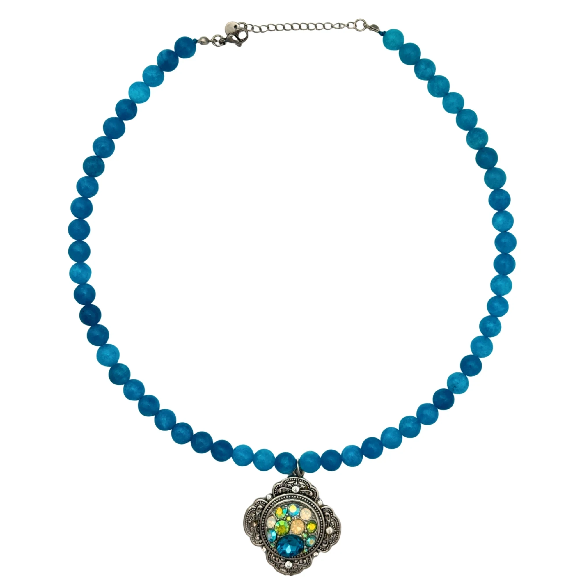 Vintage-style stainless steel charm with colorful crystals on a blue beaded necklace, by Enleira