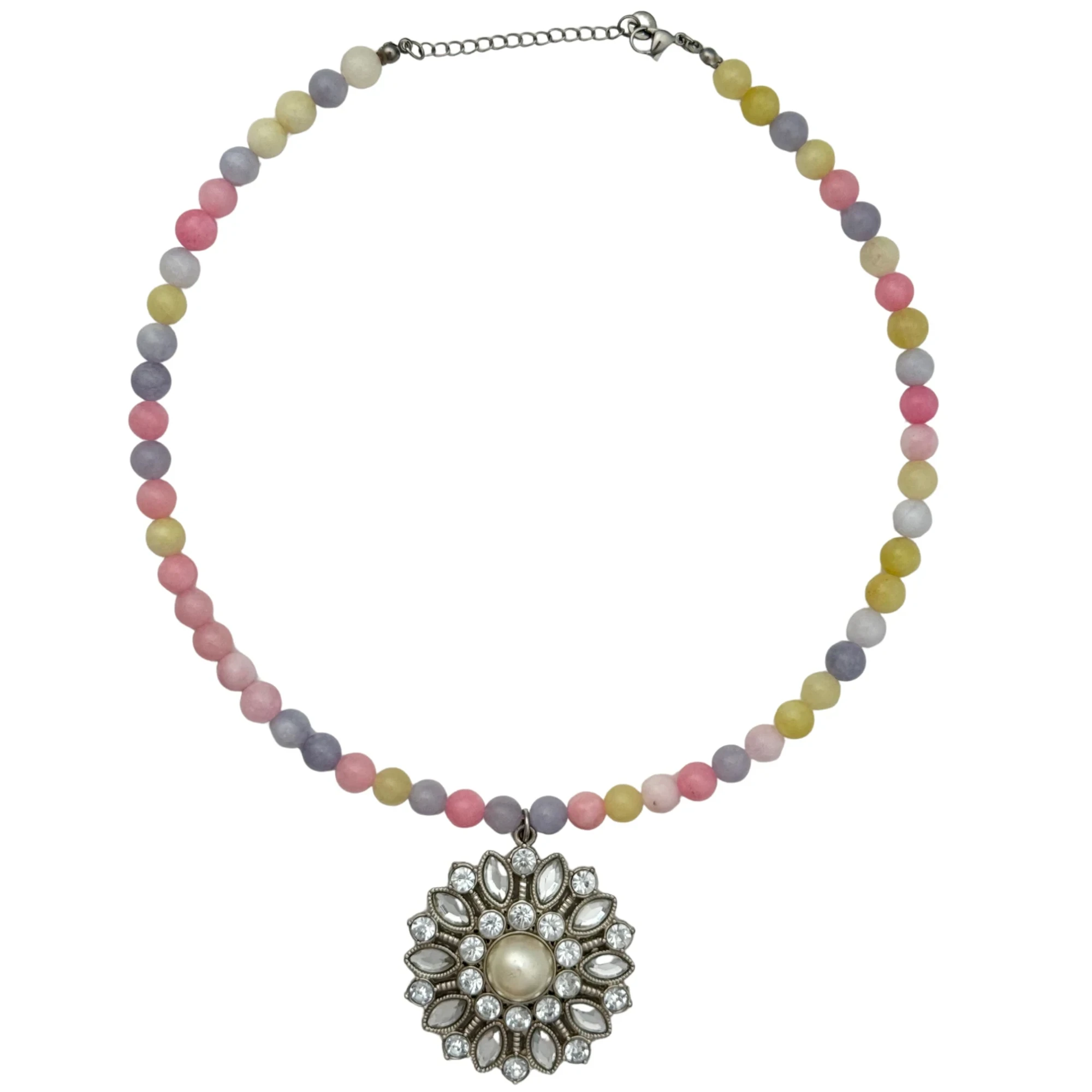 Vintage-style stainless steel sunburst charm with a pearl and crystals on a pastel beaded necklace, by Enleira