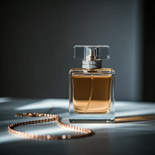 Luxury perfume bottle alongside delicate jewelry
